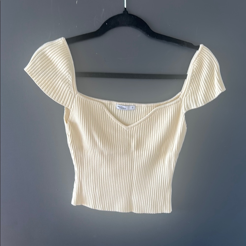 Cream Off-Shoulder Ribbed Top